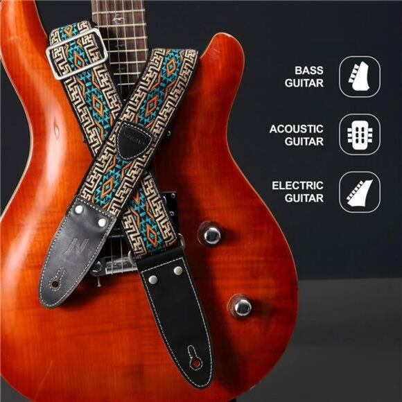 Embroidered Guitar Strap Cotton Adjustable with Pick Pocket for Electric Bass - Picture 5 of 7